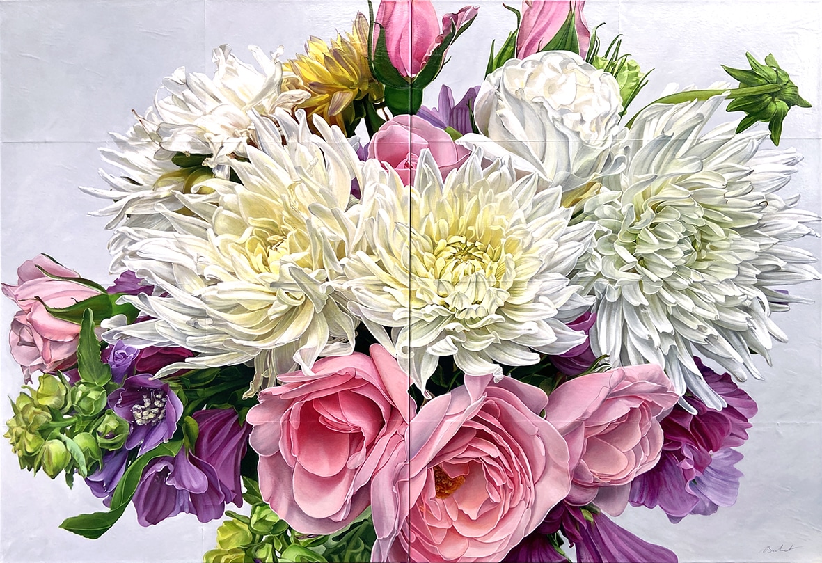 Chrysanthèmes et roses 1.2026 - Acryl. papier sur toile - 2x (73 x 100 cm)