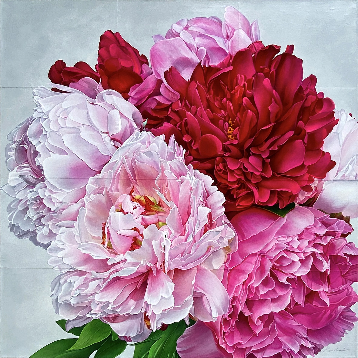 Pivoines 6.2026 - Acryl. papier sur toile - 90 x 90 cm